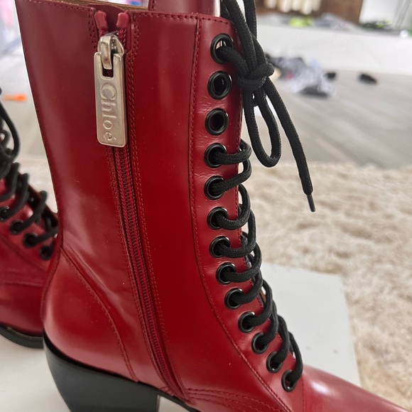 CHLOE Rylee Red Patent Leather Pointed Cuban Heel Lace Up Ankle Boots 37 - Picture 5 of 7